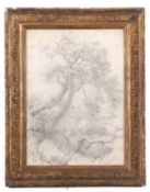 Attributed to Henry Bright (British,1810-1873), a riverbank view, pencil on paper, initialled to