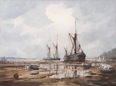 John Sutton (British, b.1935), Pin Mill barges, oil on canvas, signed,17.5x23ins, framed (loosely