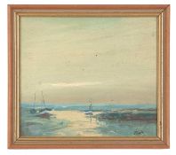 John Tuck (British, 20th century) Boats in an estuary, oil on board, signed ,6.5x7.5ins, framed