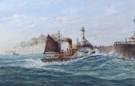 Russ Foster (British, b.1927), "Easterly Blow, Drifter Entering Lowestoft Harbour", acrylic on
