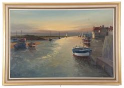 John Tuck (British, 20th century), Moored boats at Wells next the Sea during sunset, oil on board,