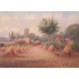 J.R.Goodman (British, b.1870), harvest scene with cottages and a church in the distance,