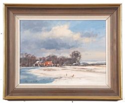 Raymond Leech (British, b.1949), Winter landscape with foreground pheasants, oil on board, 8.5x11ins