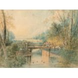 In the manner of John Joseph Cotman (British, 1814-1878), figures on a bridge fishing,