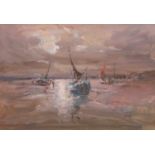 Jack Cox (British, 20th century), Shipping scene by moonlight, mixed media, signed, 22x33cm,