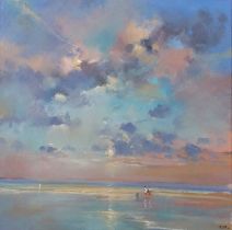 Brian Ryder (British, contemporary), Figures walk a Norfolk coastline, oil on canvas, back on board,