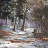 Shirley Carnt (British, 20th century), 'The Old Keeper in Winter Woodland', oil on board, signed,