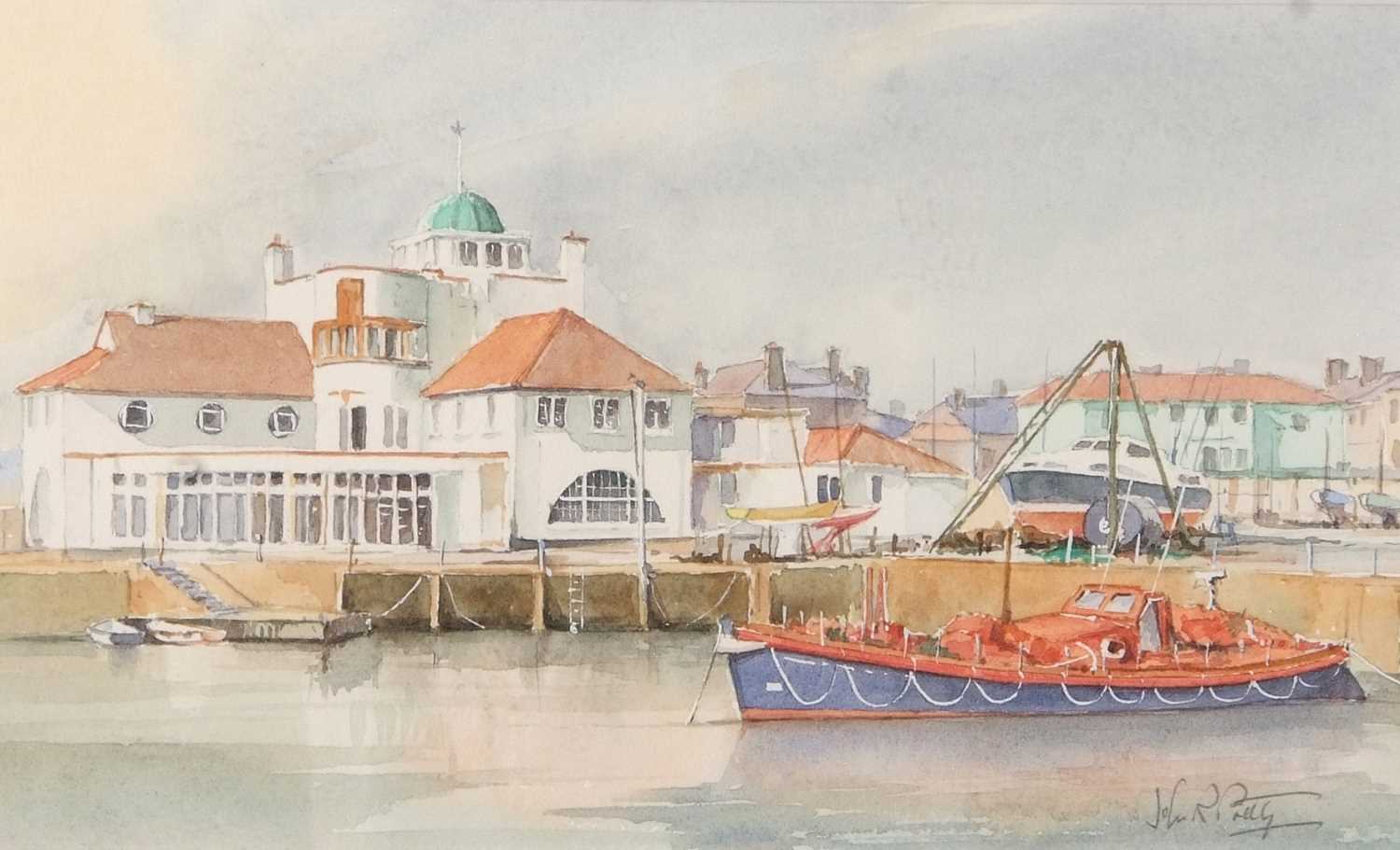 John R. Pretty (British, 20th century), Lowestoft Marina, watercolour, signed, 15x25cm, framed and