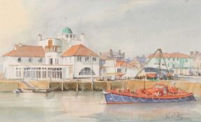 John R. Pretty (British, 20th century), Lowestoft Marina, watercolour, signed, 15x25cm, framed and