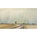 Clifford John (British,b.1934), Caldecott Marshland, watercolour, signed,12x20.5ins, framed and