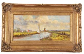 William Francis Burton (1907-1995), Broadland landscape, oil on board, signed, 16x36cm, gilt framed