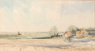 Jason Partner (British, 20th century), a view across a Norfolk landscape with a wherry and