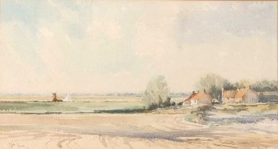 Jason Partner (British, 20th century), a view across a Norfolk landscape with a wherry and