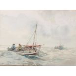 Jack Cox (British, 20th century), Boats on a choppy sea, gouache, signed, 25x34cm, framed and