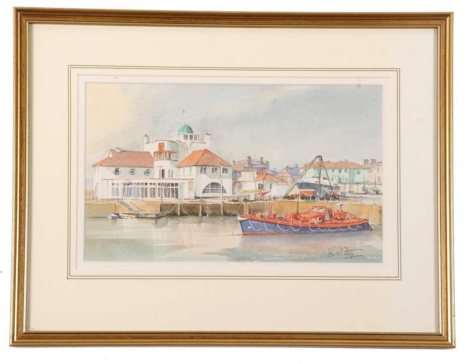 John R. Pretty (British, 20th century), Lowestoft Marina, watercolour, signed, 15x25cm, framed and - Image 2 of 2