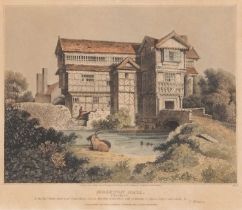After J.S. Cotman (British 1782-1842), 'Moreton Hall, South Side', hand coloured etching,