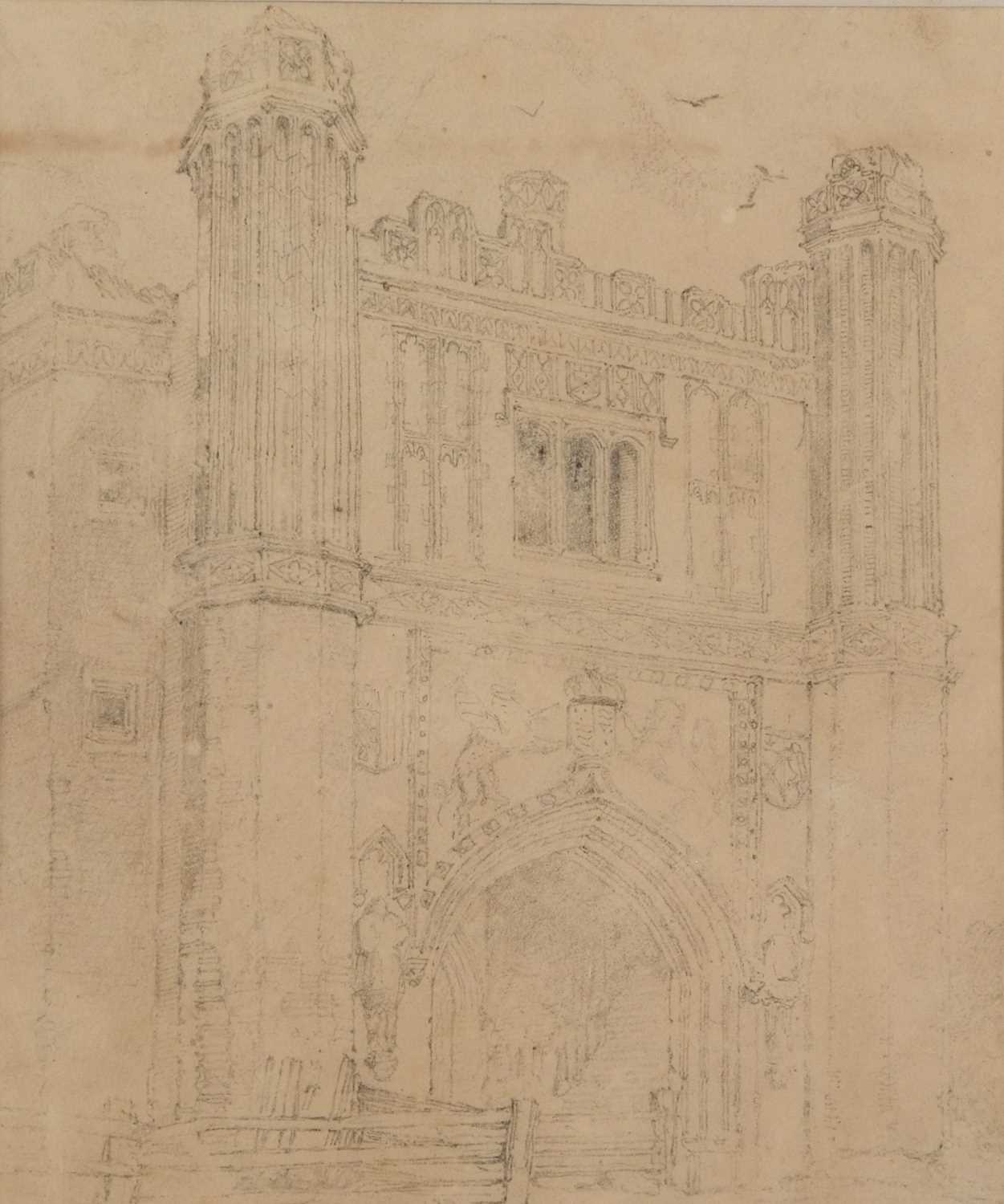 John Sell Cotman (British,1782-1842), East Barsham Gatehouse, pencil on paper, unsigned, attribution - Image 2 of 2