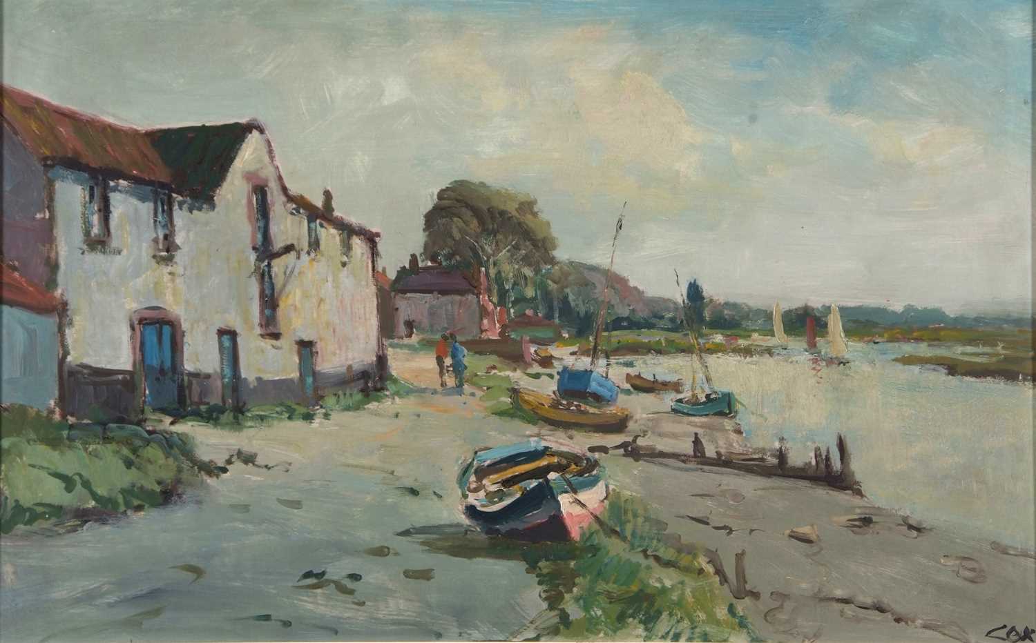 Jack Cox (British, 1914-2007), Burnham Overy Staithe, oil on board, signed, 13x21ins, framed - Image 2 of 2