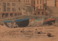 P.J.Youngs (British, 20th century), "Cromer from the beach", watercolour and ink, signed, 24x34cm,