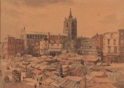 Arthur E.Davies RBA (British,1893-1988), Norwich Market with St Peter Mancroft, watercolour and ink,