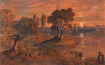 Attributed to John Joseph Cotman (British,1814-1878), 'Sunset at Whitlingham', watercolour,