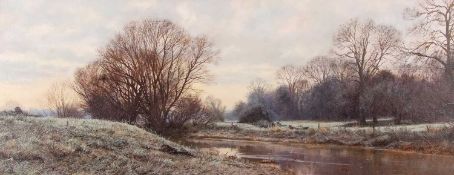 Peter Barker RSMA (British, b.1954), 'Dawn on the Welland', oil on canvas, signed, 39x100cm, framed