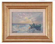 Jack Cox (British, 1914-2007), Shipping scene, oil on board, signed lower left, 7x11cm, framed.
