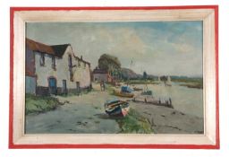 Jack Cox (British, 1914-2007), Burnham Overy Staithe, oil on board, signed, 13x21ins, framed
