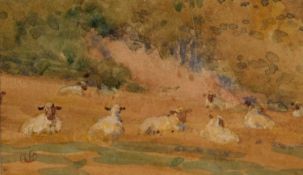 John Arnesby Brown (British,1866-1955), Sheep grazing in landscape, watercolour, initialed,