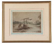 British school (Norwich School), Figures by a bridge, grisaille watercolour,13x19cm, framed and