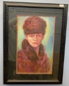 20th century portrait of a lady wearing a Ushanka and fur coat, oil on board,13x21ins, framed and