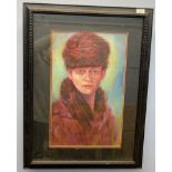 20th century portrait of a lady wearing a Ushanka and fur coat, oil on board,13x21ins, framed and