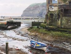 Peter BARKER (British b. 1954) Calm Morning Staithes, Oil on board, Signed lower left, titled and