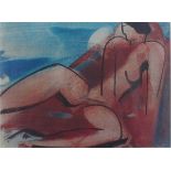Mary STORK (British 1938-2007), Reclining Nude, on blue ground, Coloured print, 11" x 15 (28cm x