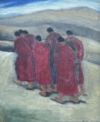 Chinese late 20th century, figural group, possibly monks, oil on canvas, signed lower right.