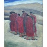 Chinese late 20th century, figural group, possibly monks, oil on canvas, signed lower right.