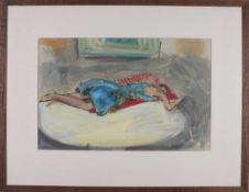 Follower of Andre Favory (French 1888-1937), a woman laying down on a rug, watercolour, work appears