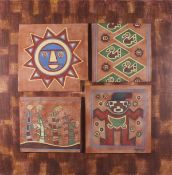 Pablo Seminario (Peruvian b. 1948-) A pair of Peruvian motif tiles, hand-coloured incised terracotta