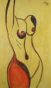 Pair of abstract nudes, oil on canvas, both works initial 'SMB', 39.5" x 32.5" (100cm x 82cm) (x2)
