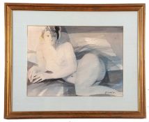 European School, contemporary, reclining female nude study, pencil and watecolour, indistinctly