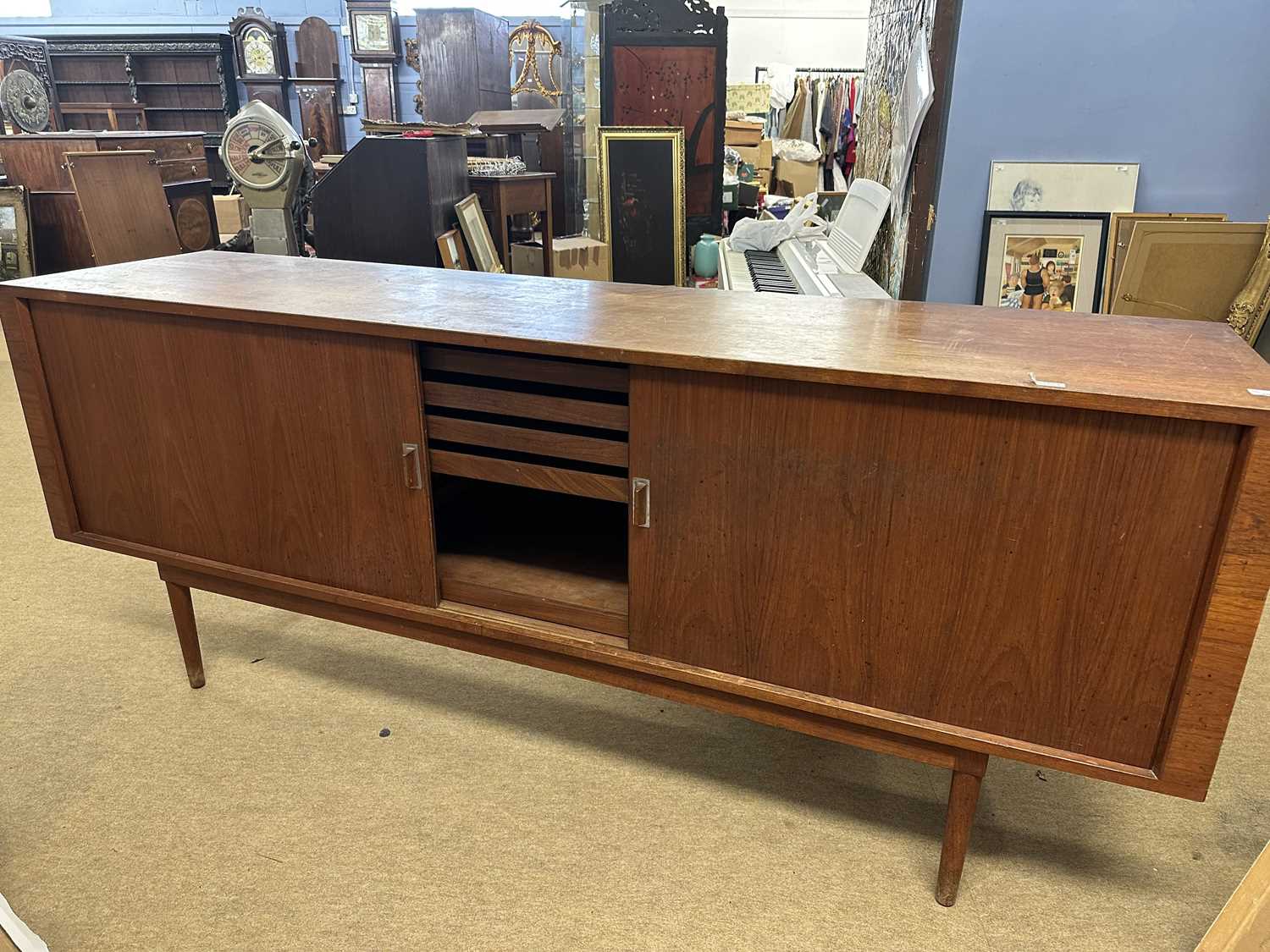 Retro mid Century teak sideboard with sliding tamba front doors, 200cm wide