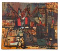 Michel Marie Poulain (French,1906-1991), industrial harbour scene, oil on canvas, signed,18x21.5ins,