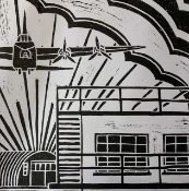 Lewis Orchard, Stirling Bomber over North Creake Airfield, Lino Print, mounted,12x12ins, unframed.