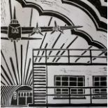 Lewis Orchard, Stirling Bomber over North Creake Airfield, Lino Print, mounted,12x12ins, unframed.