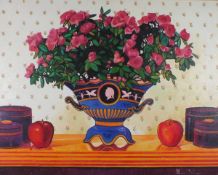 European School, Still life with flowers and apples, oil on canvas, indistinctly signed, 'Azalea'