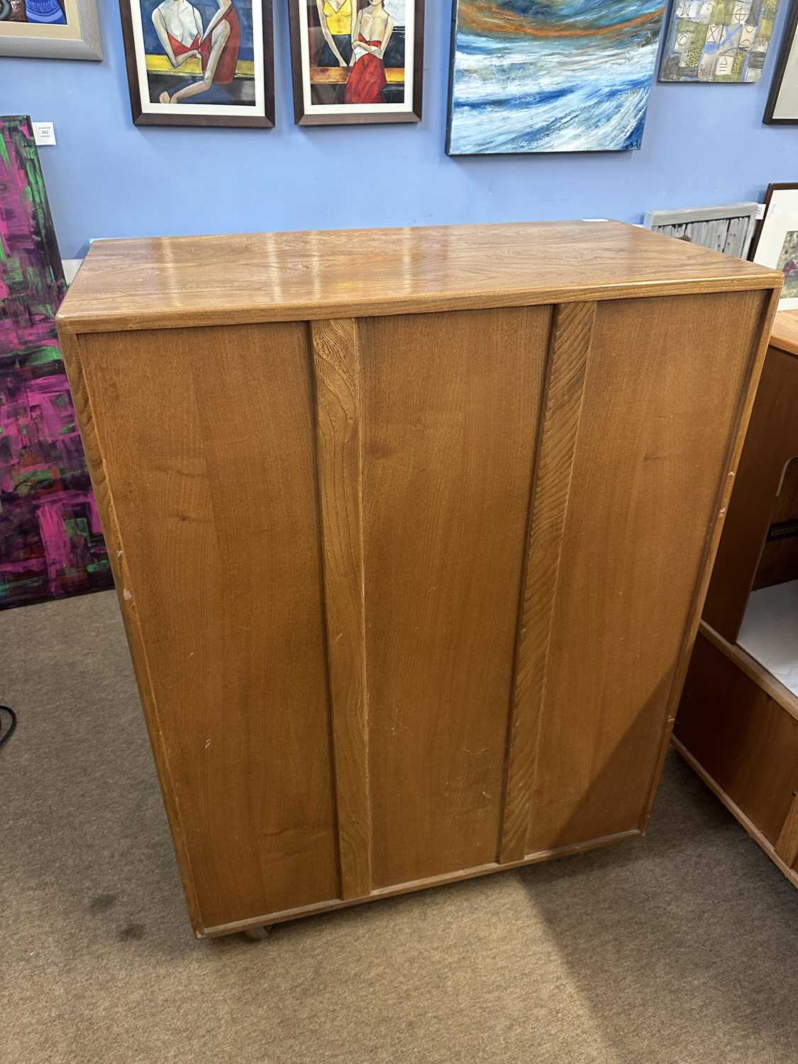 Ercol light elm bureau cabinet with drop down front over a drawer and cupboard base - Image 5 of 6