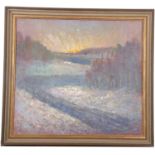 Attributed to Arnold Mazitis (Latvian, 1913-2002) ,winter landscape scene with a rising sun, oil