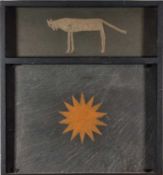 Peter FOX (British b. 1952) Wolf & Sun, Oil on slate, Petroglyphs, titled and signed verso, 11" x