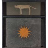 Peter FOX (British b. 1952) Wolf & Sun, Oil on slate, Petroglyphs, titled and signed verso, 11" x