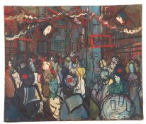 Michel Marie Poulain (French,1906-1991), French street party scene, oil on canvas, signed,18x21.